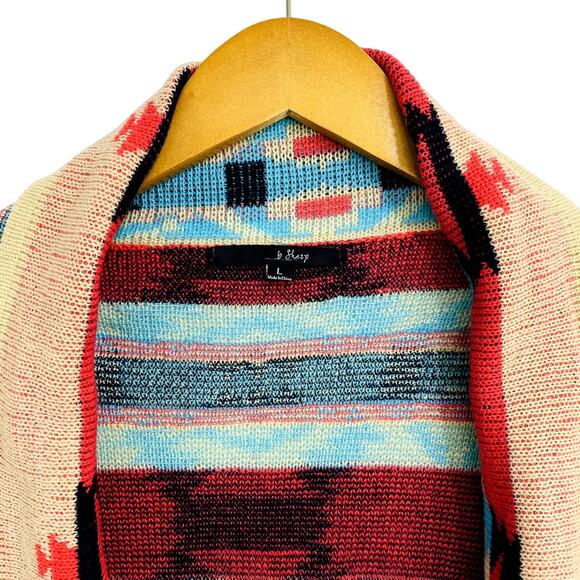 B SHARP Cardigan Women's Size Large Blue Aztec Print Open Front Neutral Boho - Picture 3 of 10
